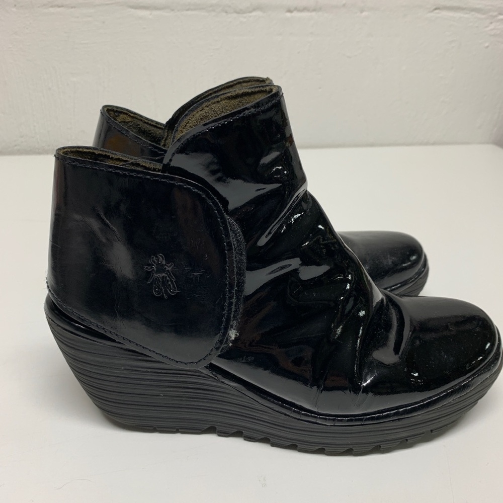 Fly London YIP Black Patent Leather Booties 38